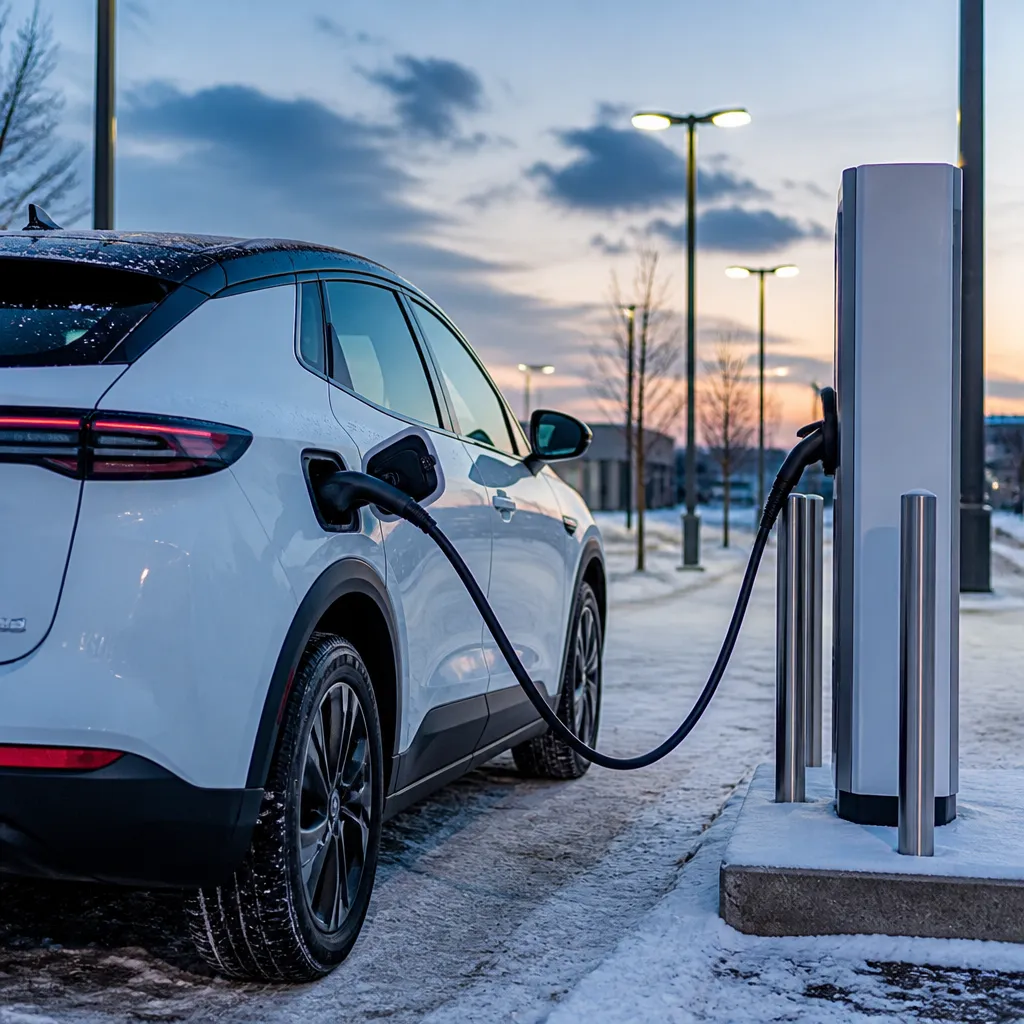 Coche eléctrico cargando en una estación de carga pública durante una tarde de invierno
