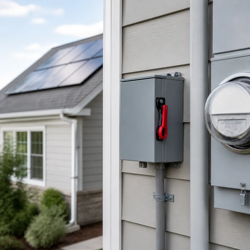 Outdoor solar disconnect switch mounted on a home wall beside the electrical meter and conduit