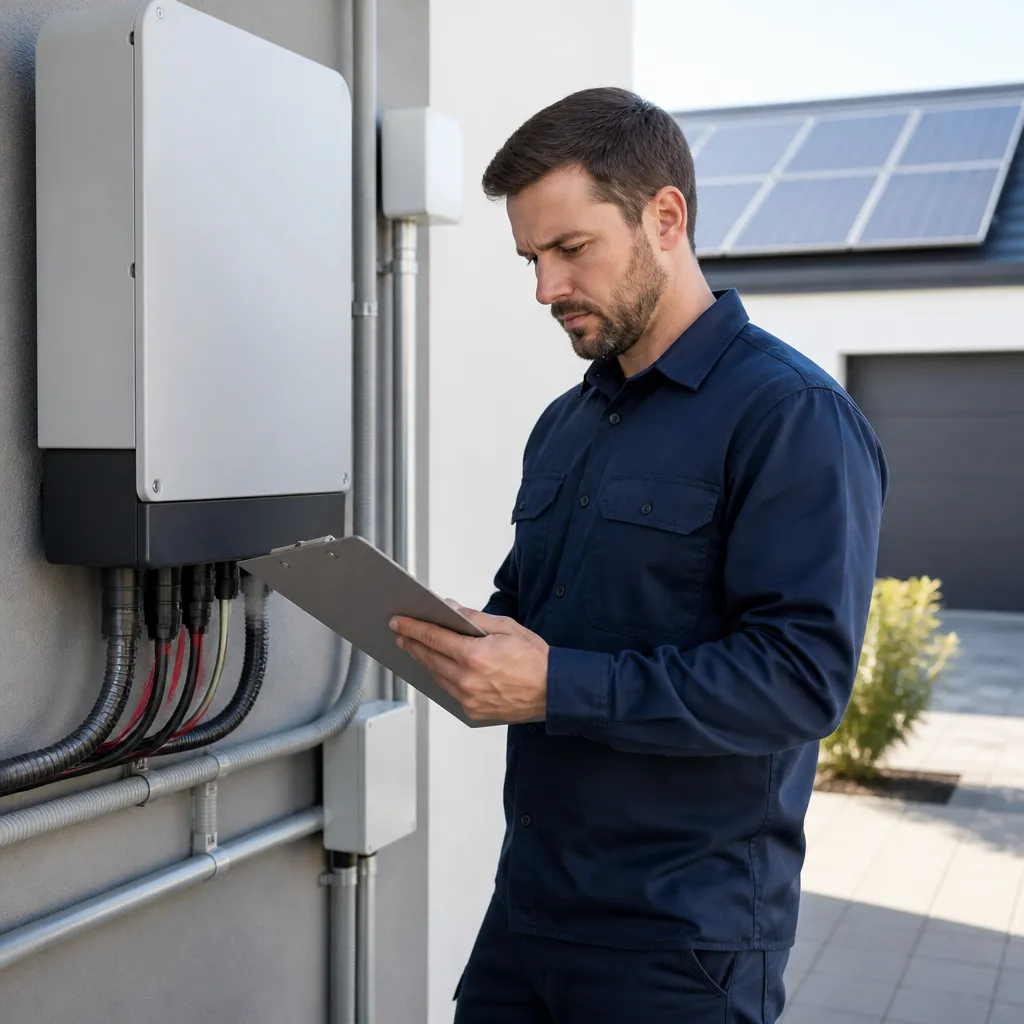 Electrical technician inspecting a home solar inverter and wiring during a service visit