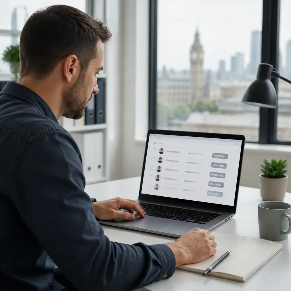 IT professional in a London office reviewing a leaver access checklist on a laptop during IT offboarding.