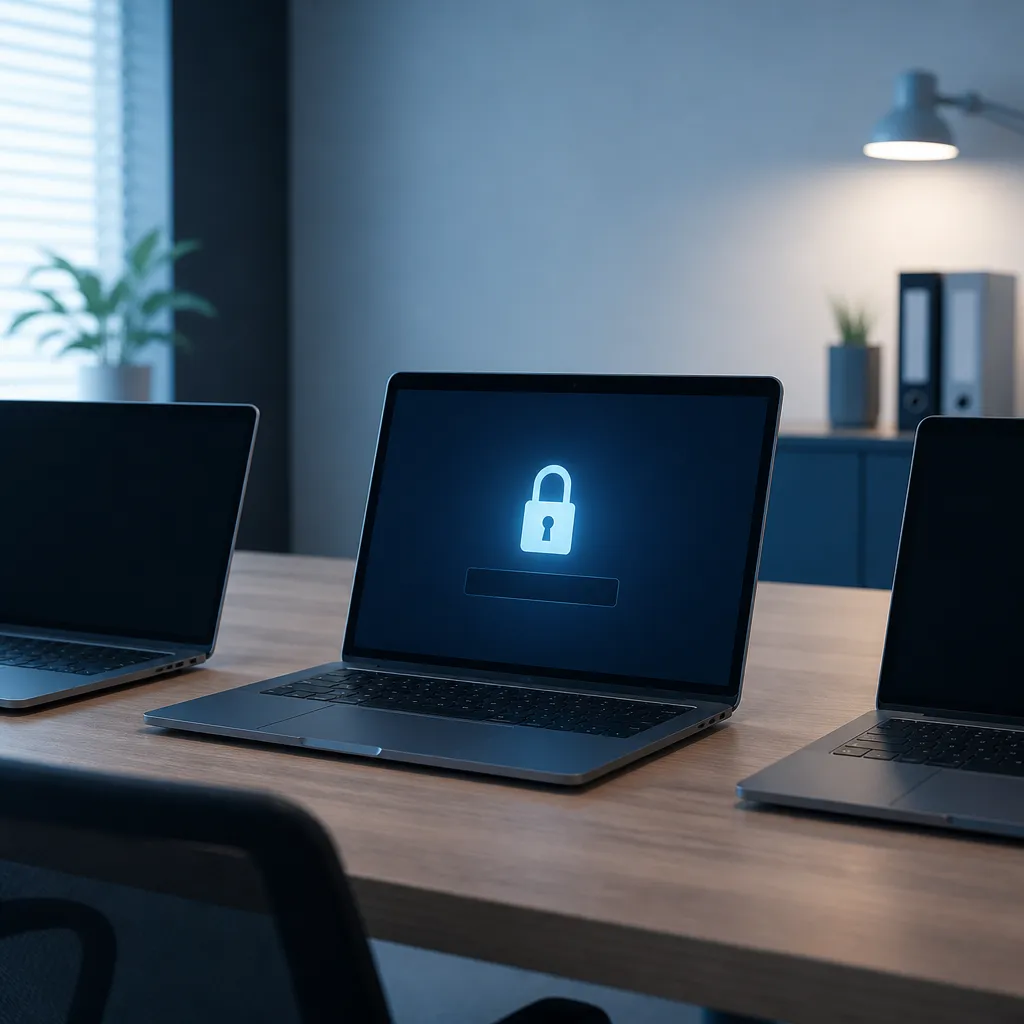 Laptop with dimmed login screen and padlock icon, illustrating revoked access and security after staff leave.
