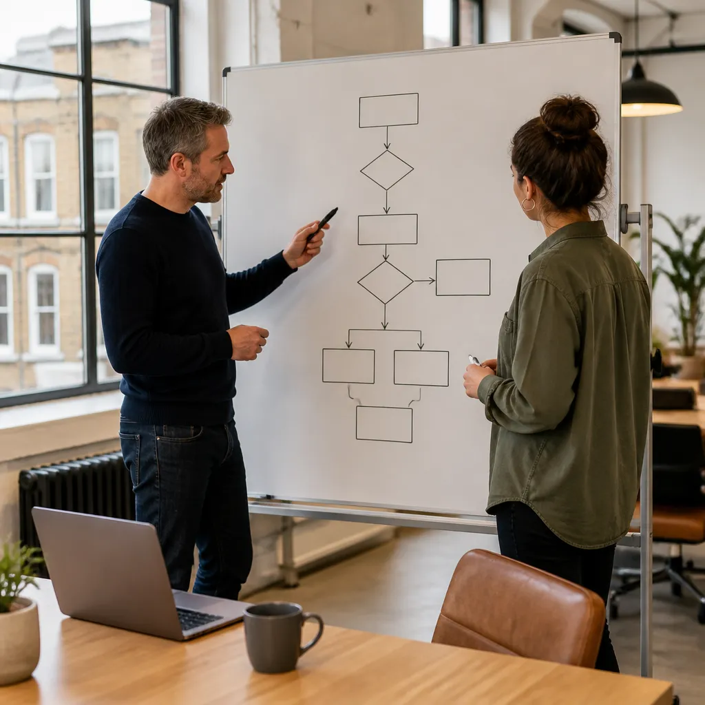 Team in a London office planning a staff leaver process on a whiteboard flowchart with an IT engineer.