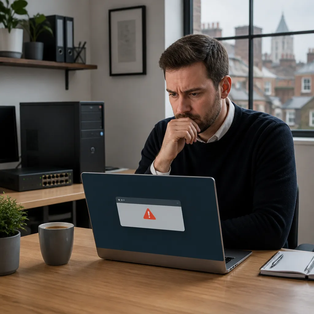 London small business owner at a desk viewing a security warning on a laptop, illustrating IT mistakes SME London teams face
