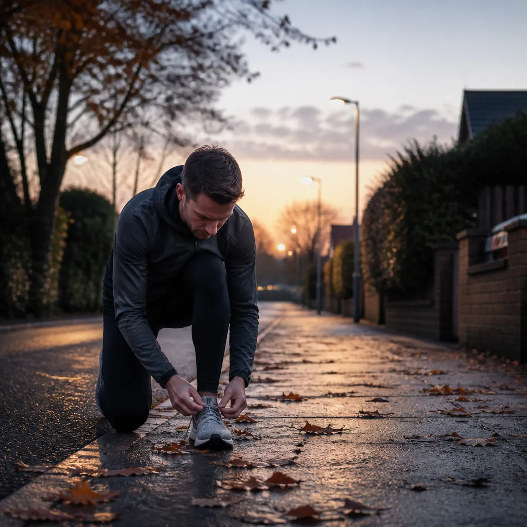Runner lacing trainers on a dim autumn street at dawn, illustrating daylight saving UK fitness training changes.