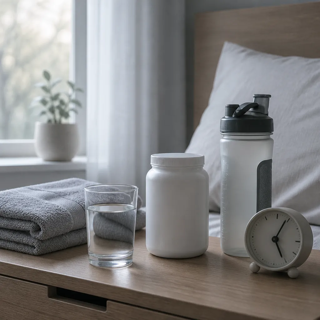 Bedside table with alarm clock, water bottle and plain electrolyte powder, representing sleep disruption after the clock change.