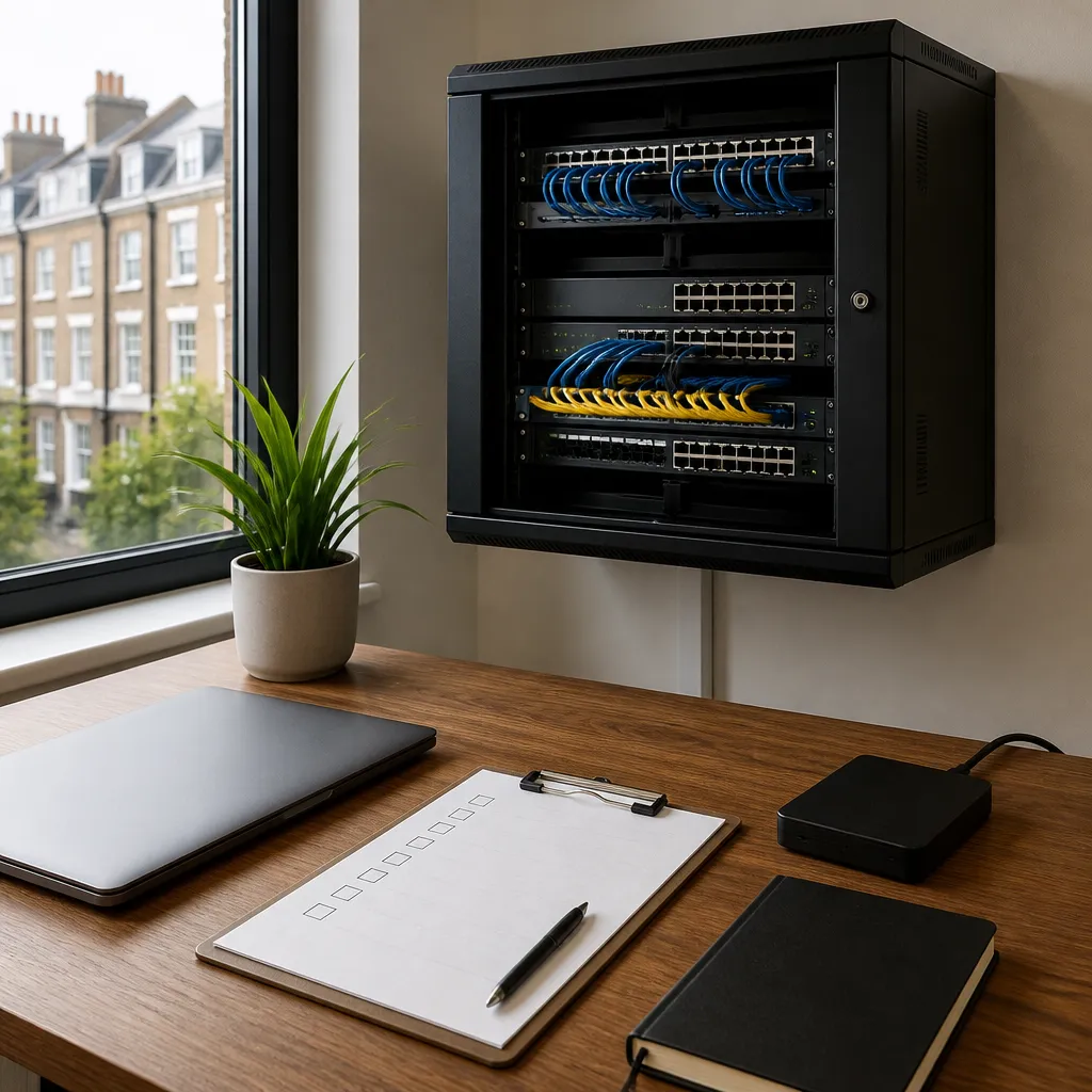 Tidy server cabinet with neatly routed cables and a backup drive, representing managed IT support for London businesses