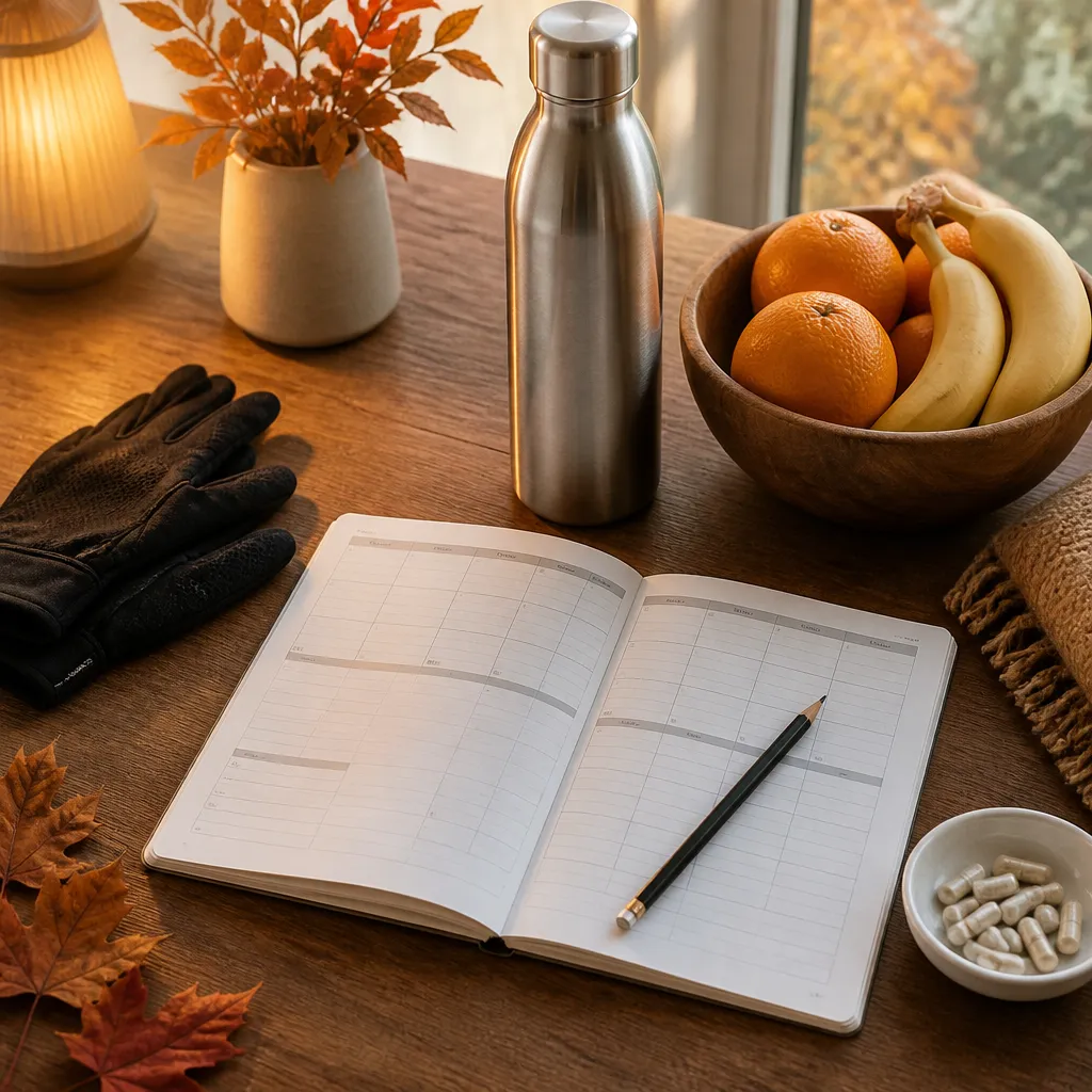 Flat-lay of training planner, water bottle and fresh fruit showing autumn training tips for UK athletes.