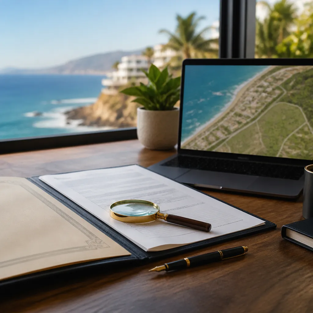 Desk with a property deed folder, magnifying glass and registry paperwork for checking Mexico real estate scams foreigners face.