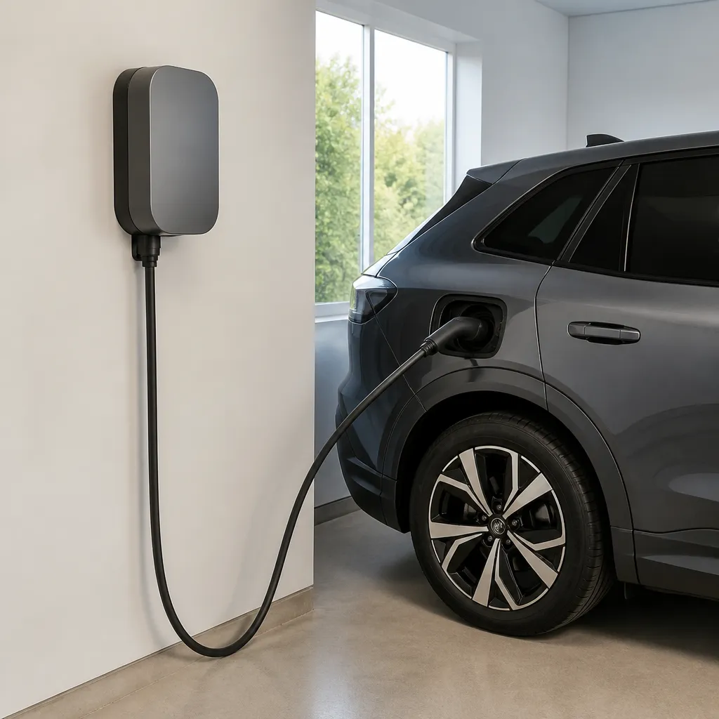 Wallbox an der Garagenwand lädt ein Elektroauto, Ladekabel am Ladeanschluss des Fahrzeugs