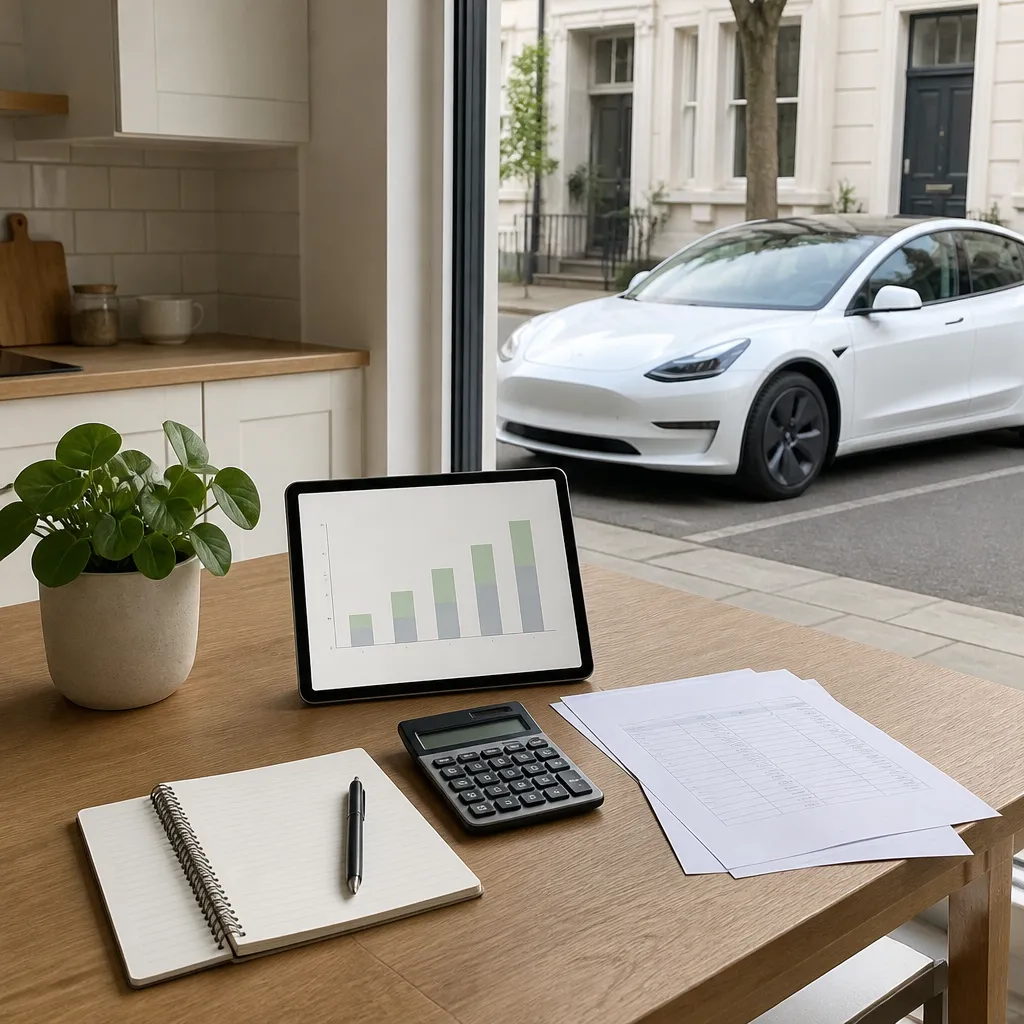 Schreibtisch mit Notizbuch und Taschenrechner zur Kostenrechnung eines ersten Elektroautos vor dem Kauf