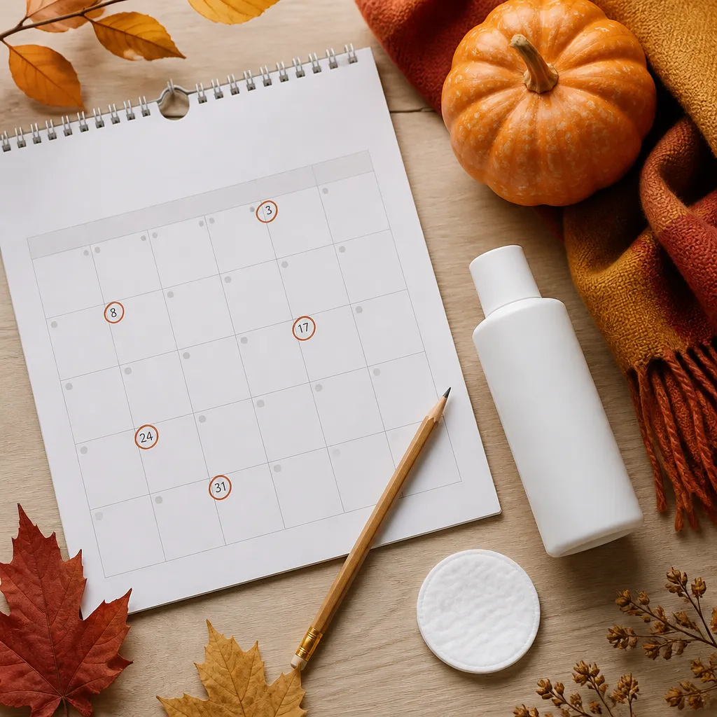 Autumn planner open to October with circled dates beside a scarf, leaves and aftercare essentials on a wooden table.