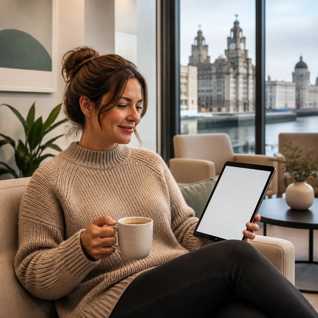 Smiling client in a knit sweater reviewing a booking on a tablet in a cosy Liverpool clinic waiting area.
