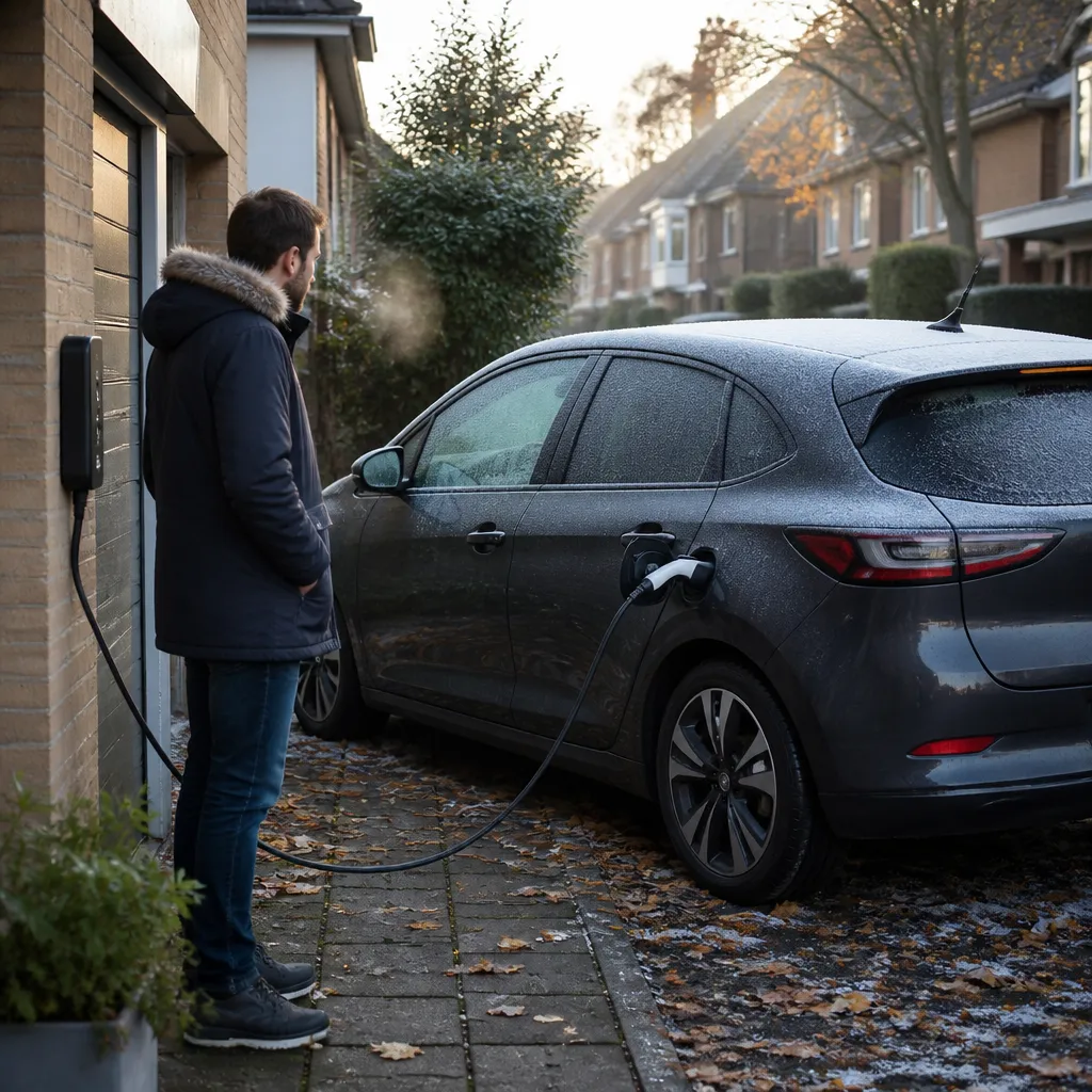 Coche eléctrico aparcado con escarcha y hojas en otoño mientras se carga en una calle europea