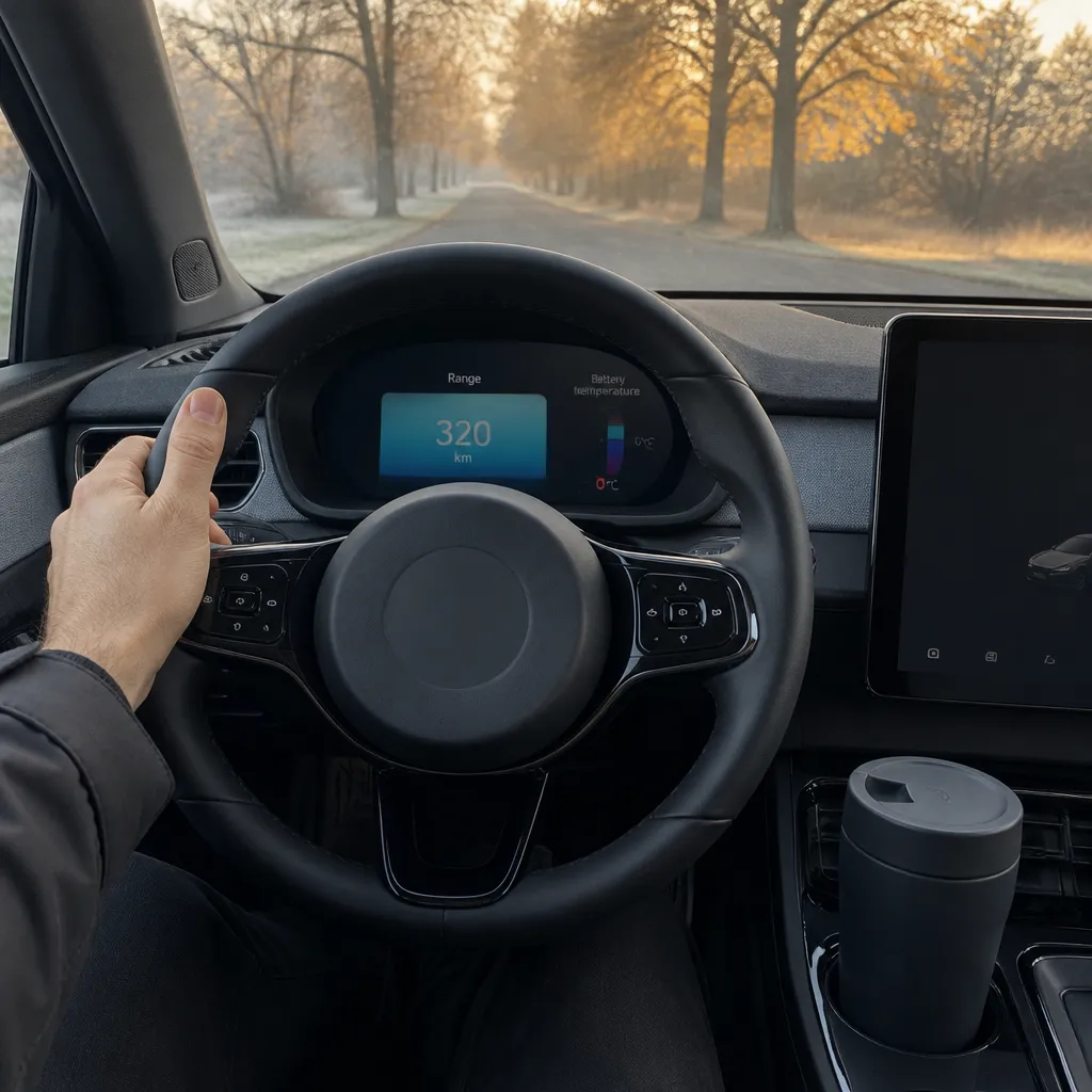 Panel de un coche eléctrico con indicadores de autonomía y temperatura de batería en una mañana de otoño