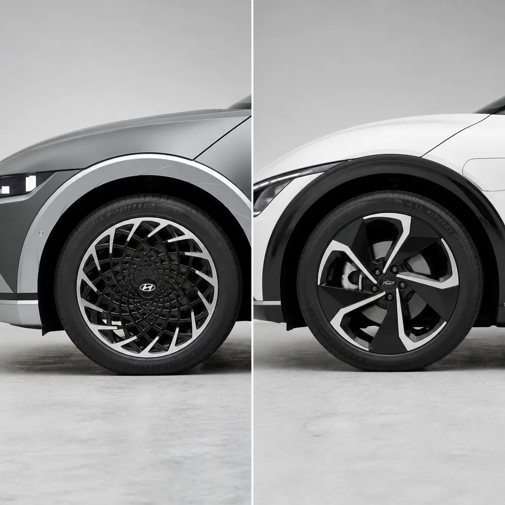 Close-up of alloy wheel designs on an Ioniq 5 and an EV6 for comparing wheel fitment.