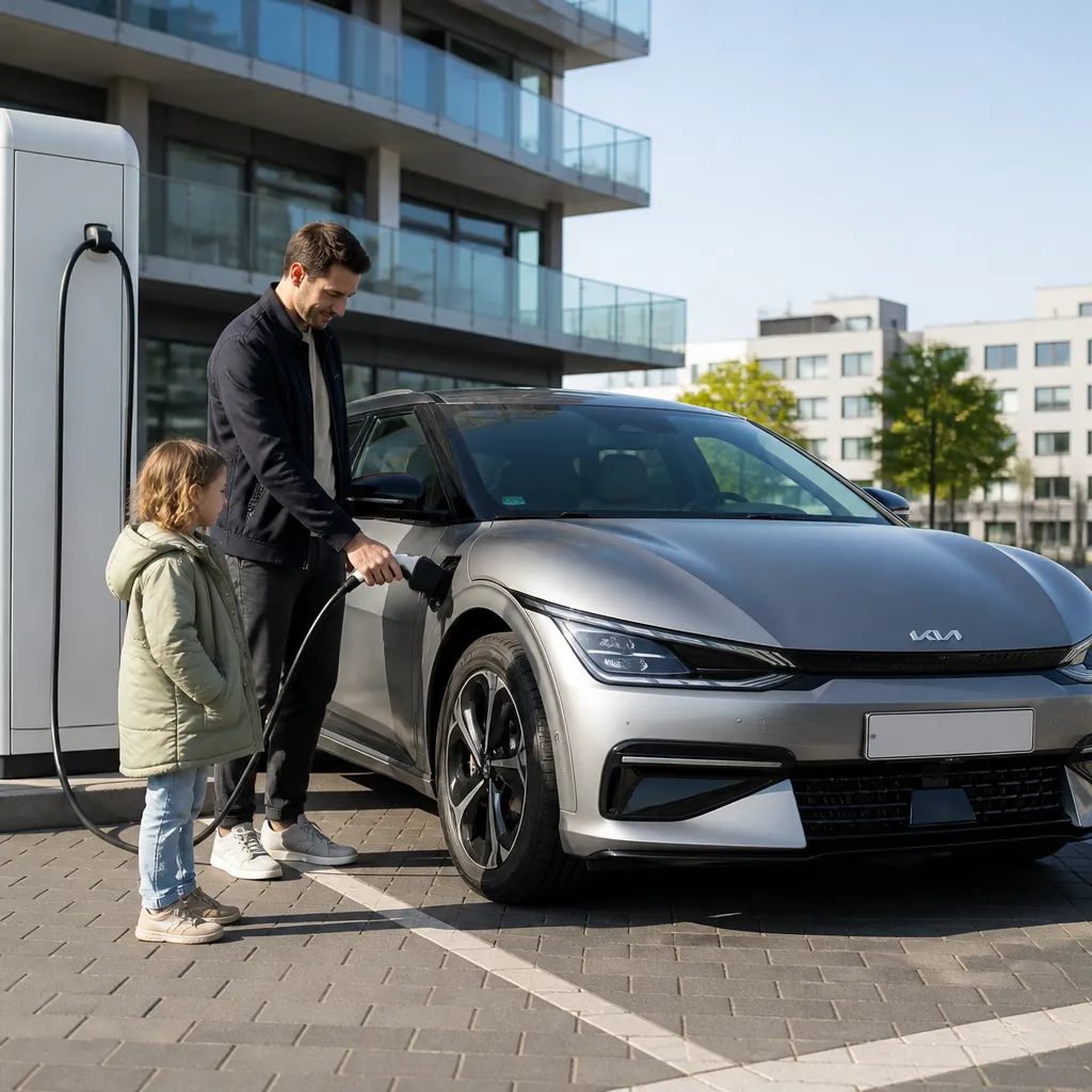Family charging a Kia EV6 at a public fast-charging station in a European city.