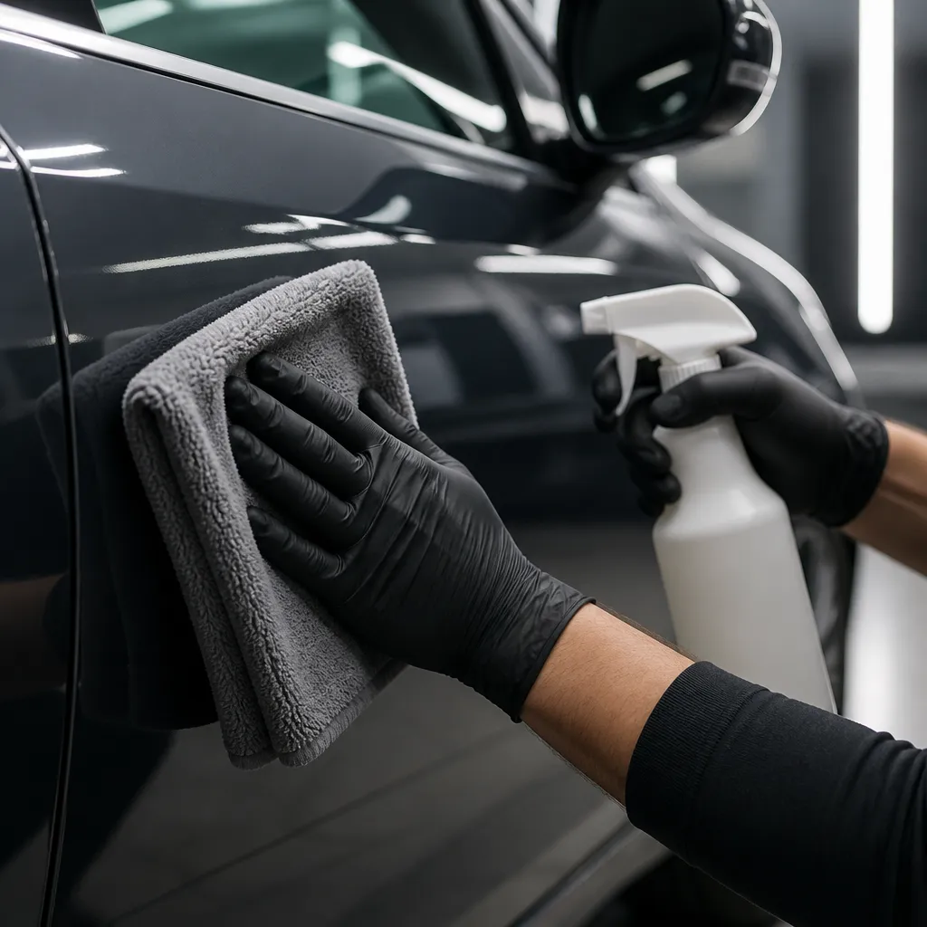 Gloved hand wiping a glossy car door with a soft microfiber towel during paint removal