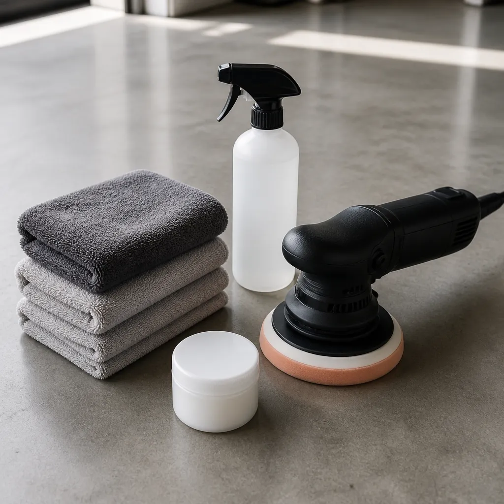 Microfiber towels, plain detailing bottles, and a polisher laid out on a garage floor